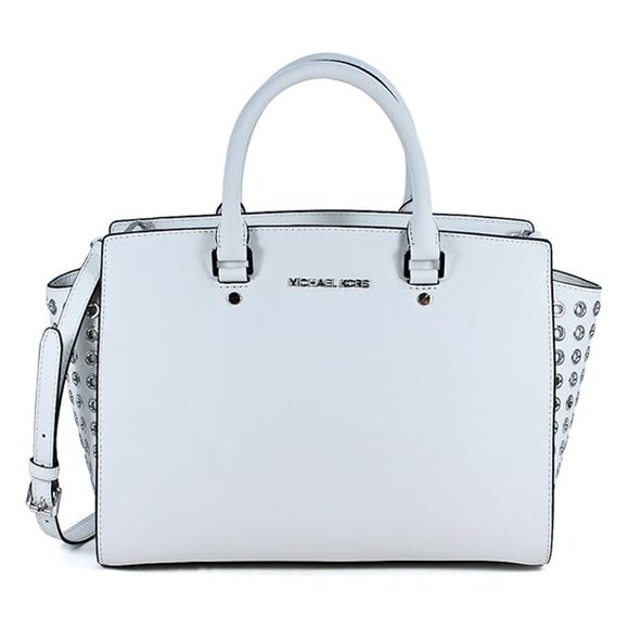 Michael Kors Selma Large Leather Zip Grommet Satchel Handbag Bag White Purse NEW - Picture 1 of 4